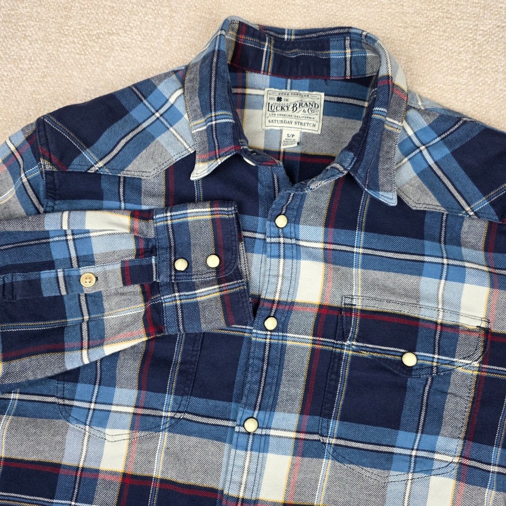 Lucky Brand Mens Saturday Stretch Plaid Western Shirt Blue Red Pearl Snap S